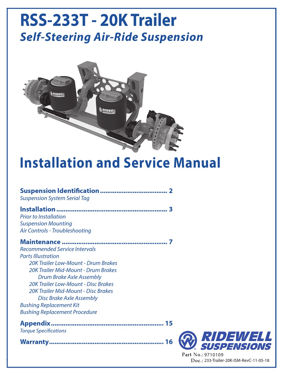 RIDEWELL SUSPENSIONS RSS233T20K INSTALLATION AND SERVICE MANUAL Pdf