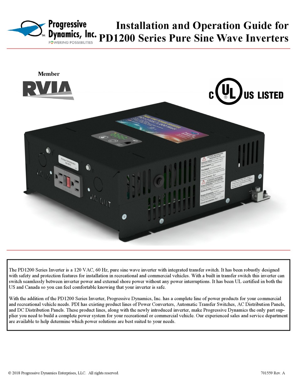 PROGRESSIVE DYNAMICS PD1200 SERIES INSTALLATION AND OPERATION MANUAL