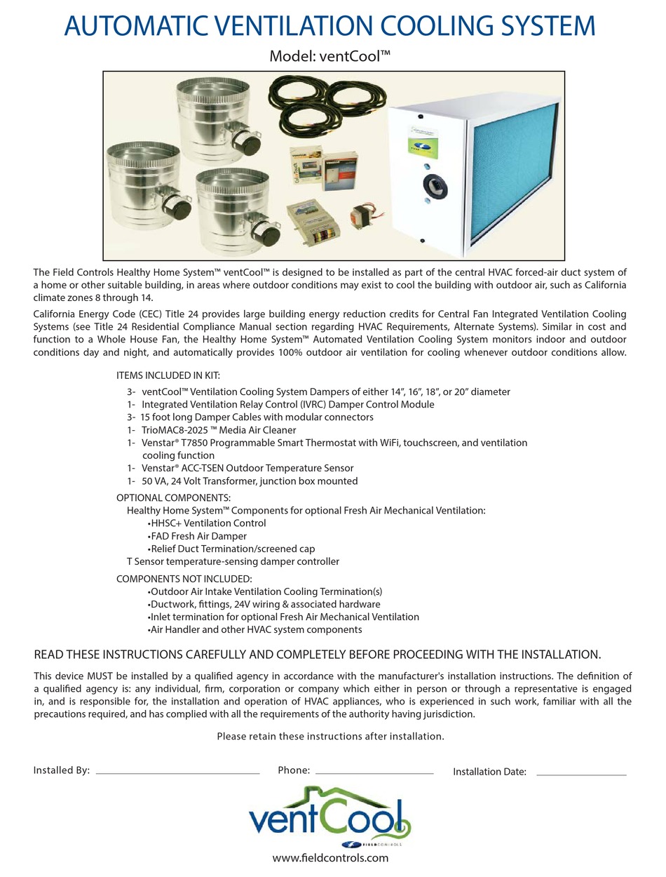 FIELD CONTROLS VENTCOOL INSTRUCTIONS MANUAL Pdf Download ManualsLib