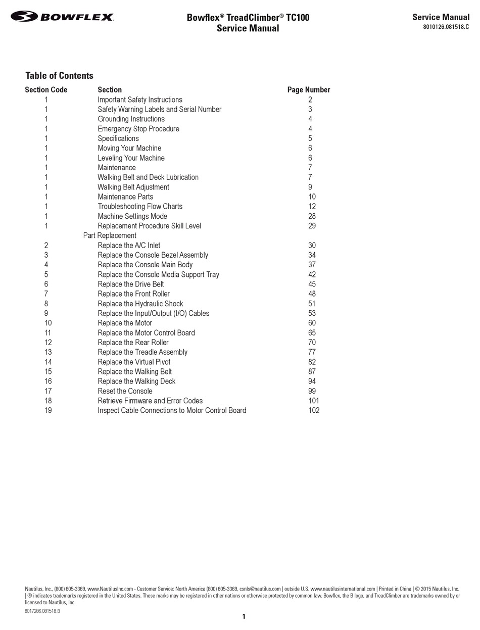 Bowflex Treadclimber Tc100 Service Manual Pdf Download Manualslib