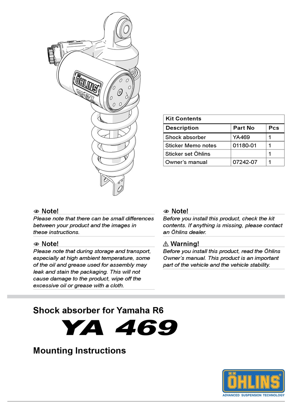 Ohlins Ya 469 Mounting Instructions Pdf Download Manualslib
