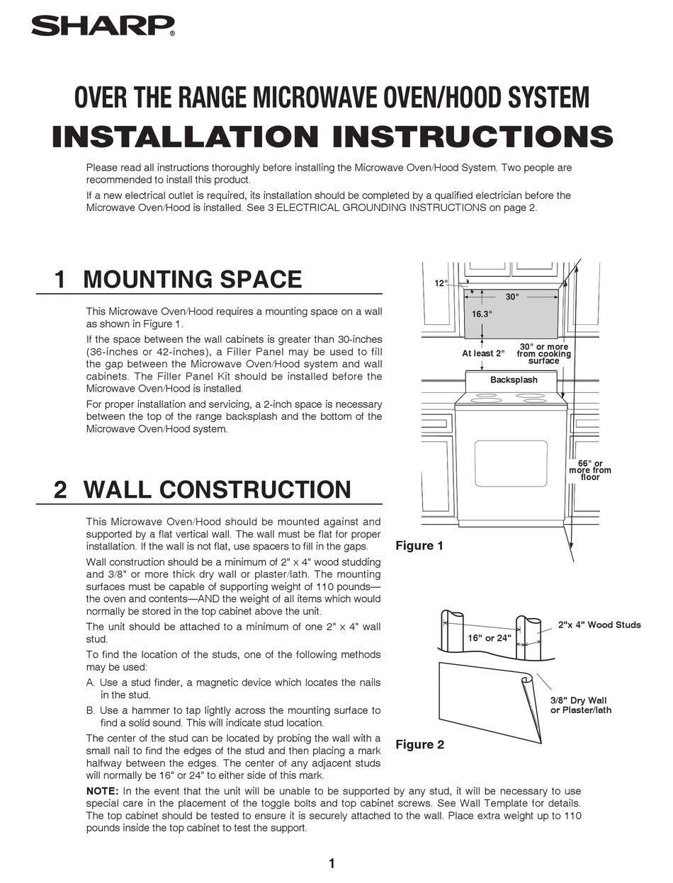 SHARP OVER THE RANGE MICROWAVE OVEN/HOOD SYSTEM INSTALLATION INSTRUCTIONS MANUAL Pdf Download