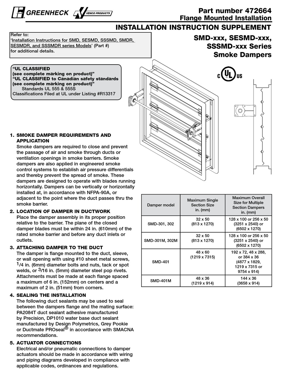GREENHECK SMD SERIES INSTALLATION INSTRUCTION SUPPLEMENT Pdf Download