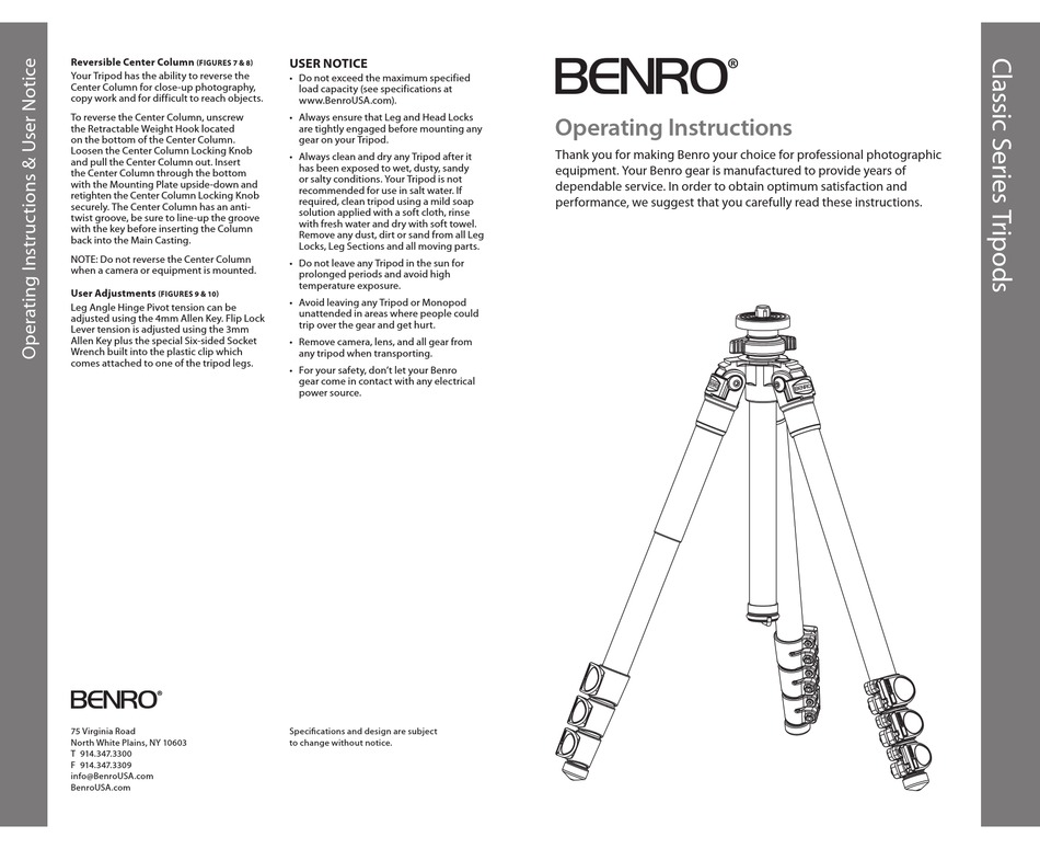 BENRO CLASSIC SERIES OPERATING INSTRUCTIONS Pdf Download ManualsLib