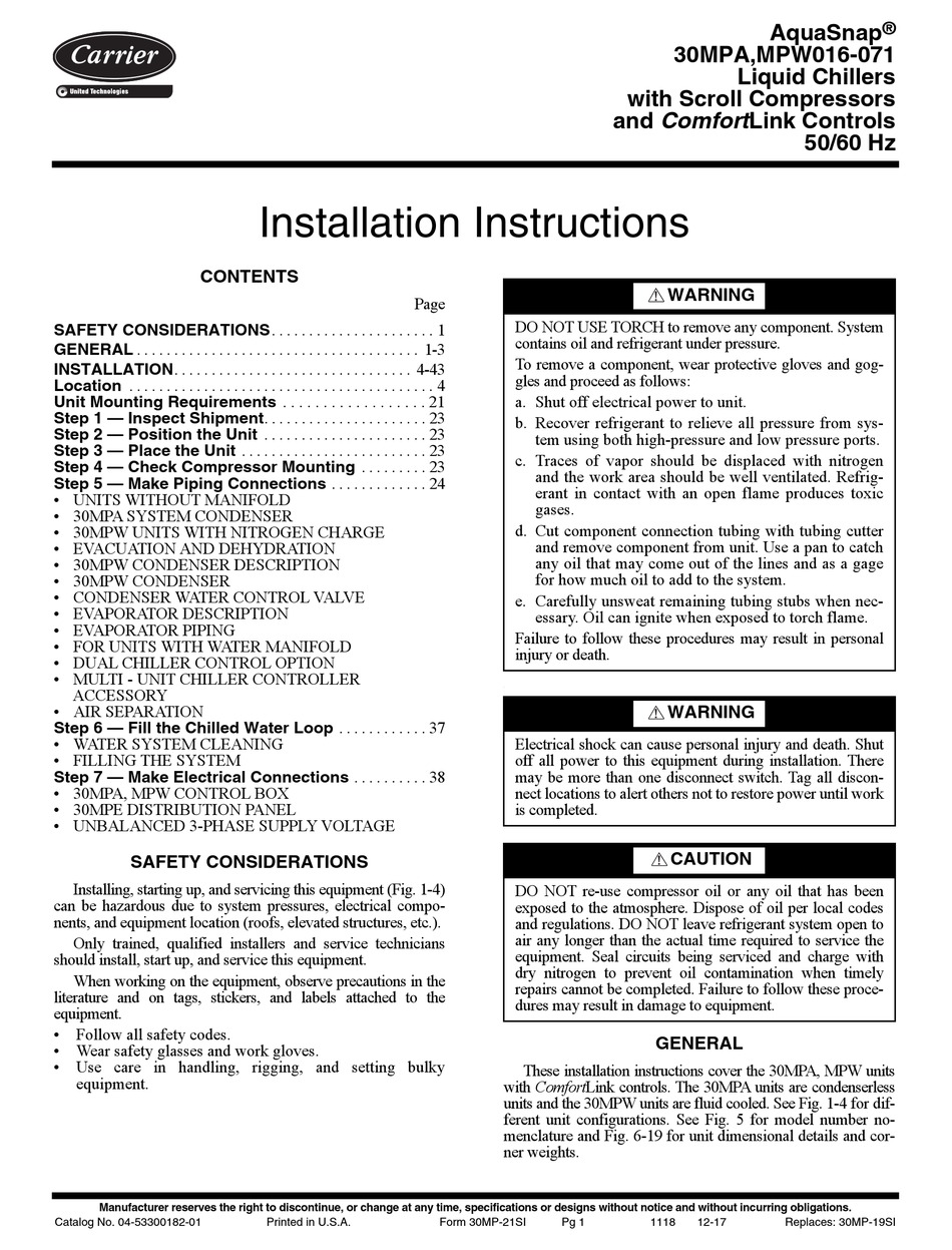 CARRIER AQUASNAP 30MPA050 INSTALLATION INSTRUCTIONS MANUAL Pdf Download