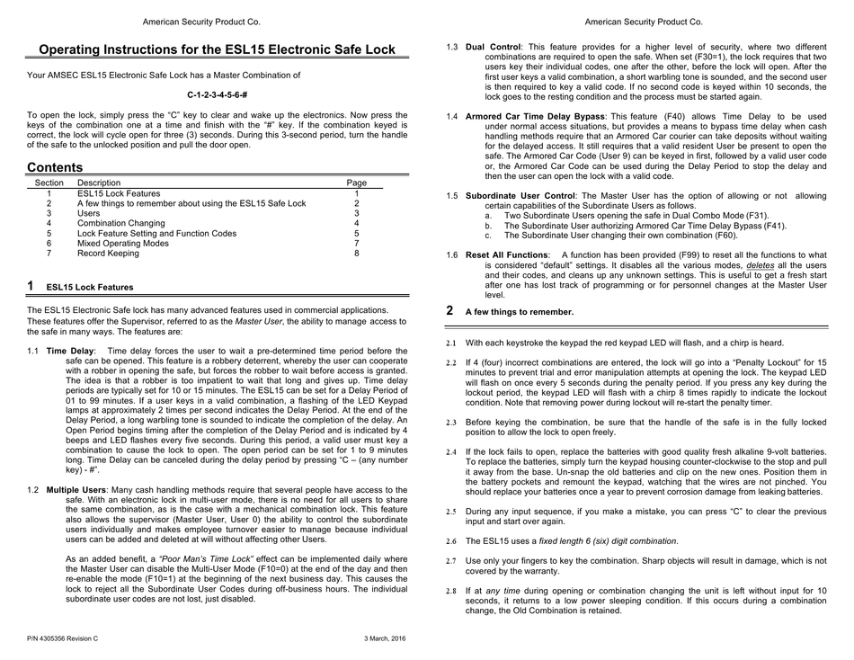 AMSEC ESL15 OPERATING INSTRUCTIONS Pdf Download ManualsLib