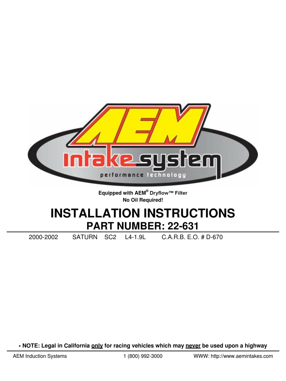 AEM 22631 INSTALLATION INSTRUCTIONS MANUAL Pdf Download ManualsLib