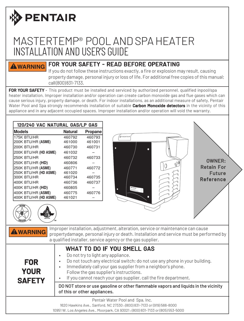 PENTAIR MASTERTEMP 175 INSTALLATION AND USER MANUAL Pdf Download