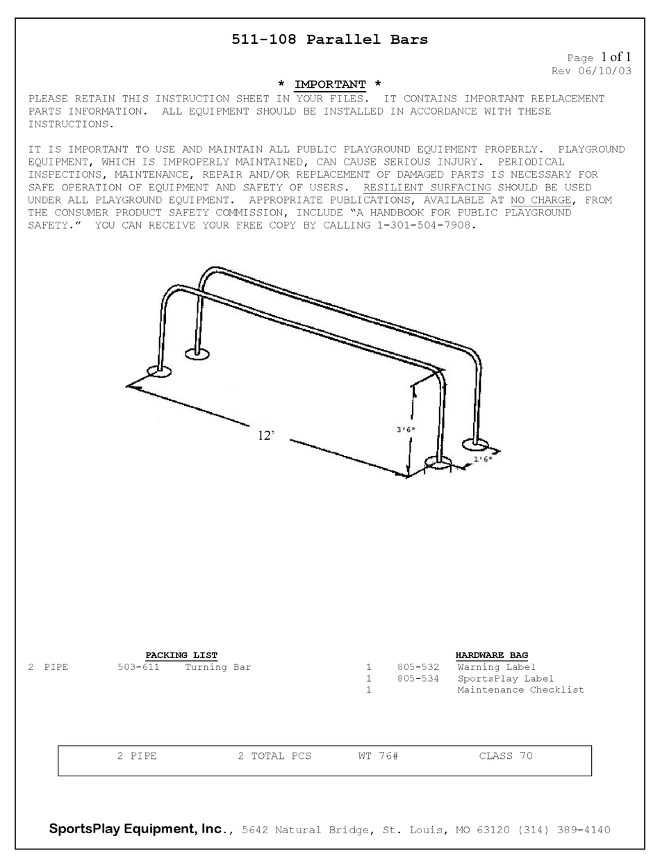 SPORTSPLAY EQUIPMENT 511108 MANUAL Pdf Download ManualsLib