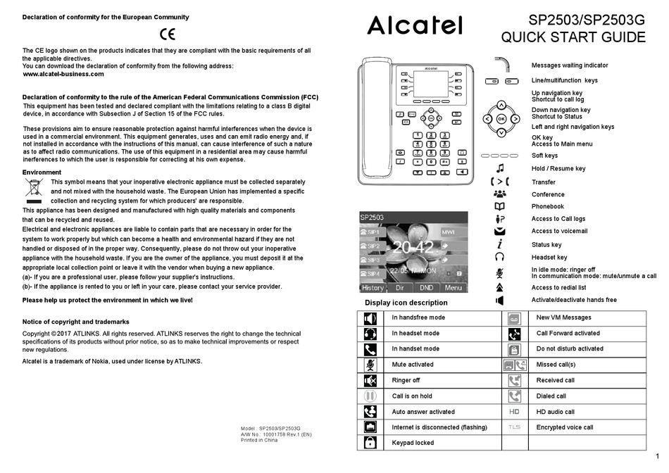 ALCATEL SP2503 QUICK START MANUAL Pdf Download | ManualsLib