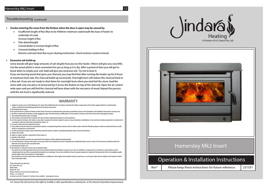 JINDARA HAMERSLEY MK2 INSERT INSTALLATION INSTRUCTIONS MANUAL Pdf Download  | ManualsLib