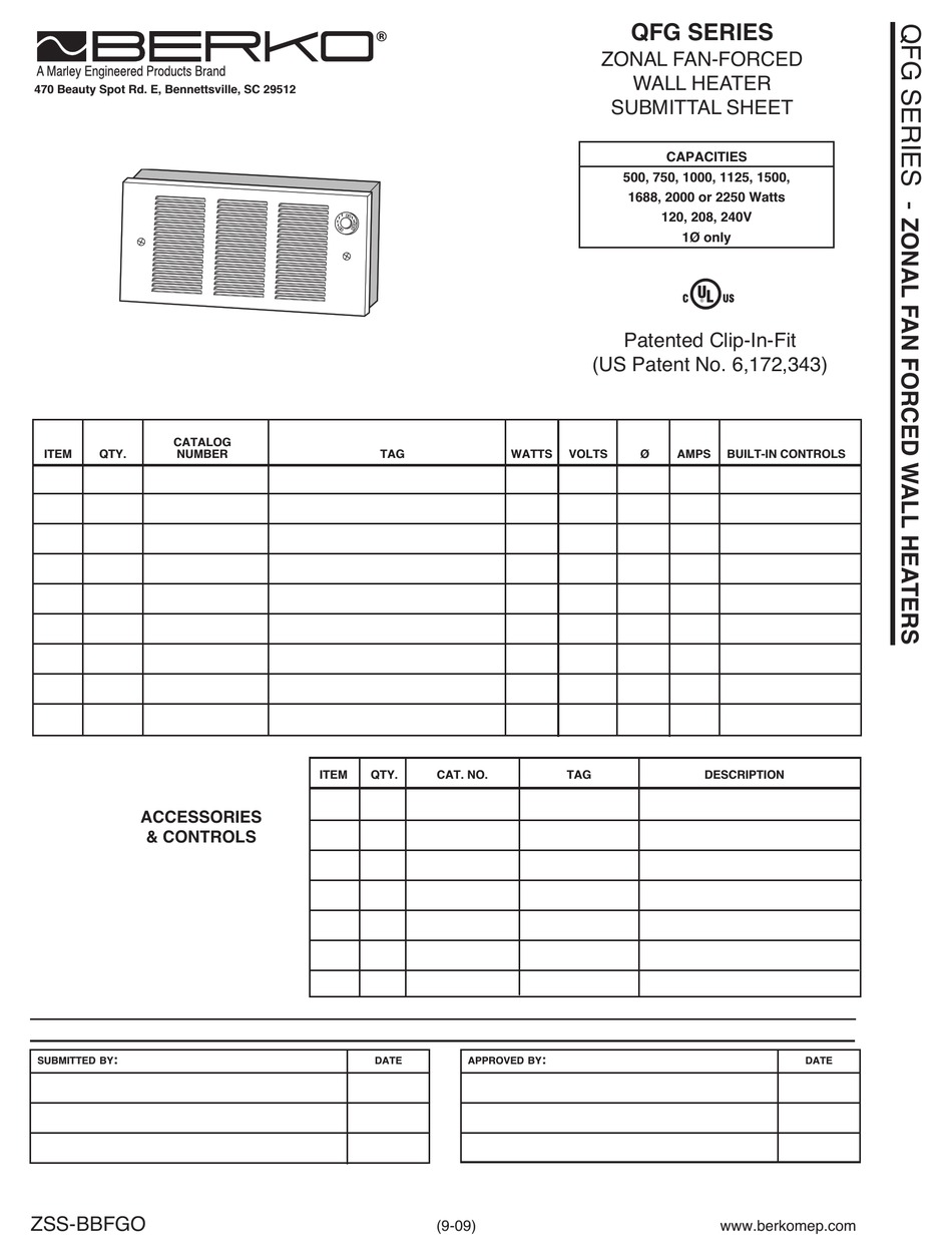 BERKO QFG SERIES SUBMITTAL SHEET Pdf Download ManualsLib