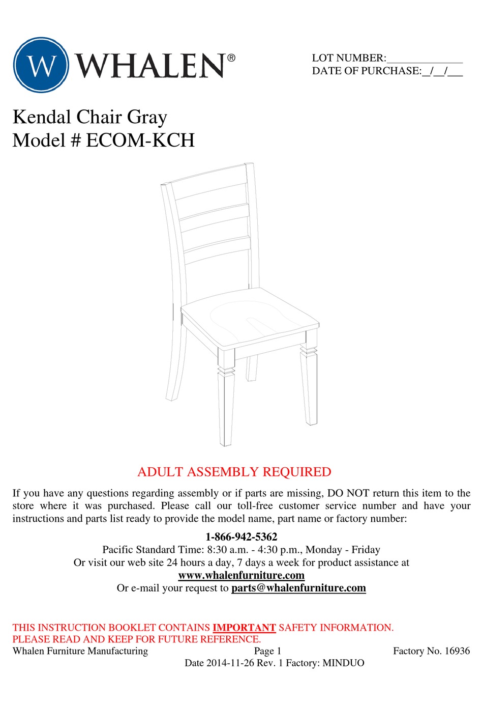 WHALEN KENDAL CHAIR GRAY USER MANUAL Pdf Download ManualsLib