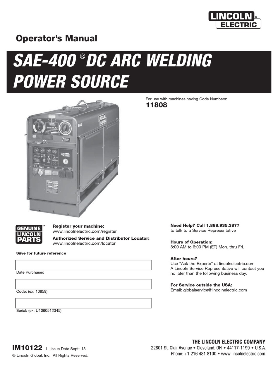 LINCOLN ELECTRIC SAE400 OPERATOR'S MANUAL Pdf Download ManualsLib