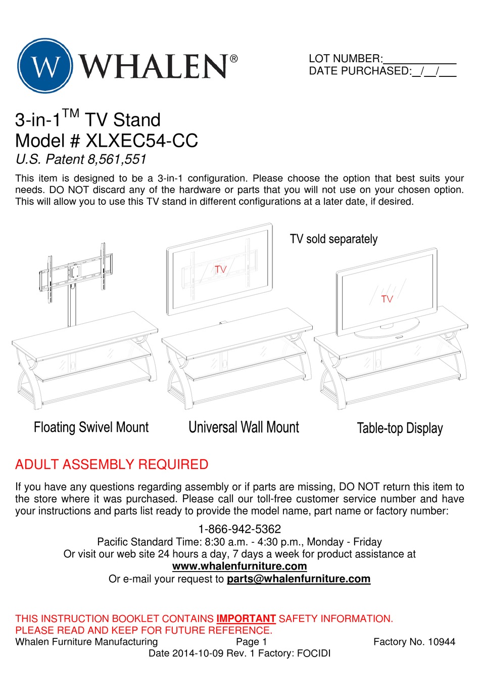 WHALEN 3-IN-1 TV STAND INSTRUCTION MANUAL Pdf Download ...