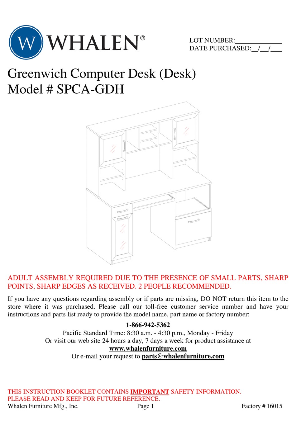 WHALEN GREENWICH COMPUTER DESK INSTRUCTION MANUAL Pdf Download ManualsLib