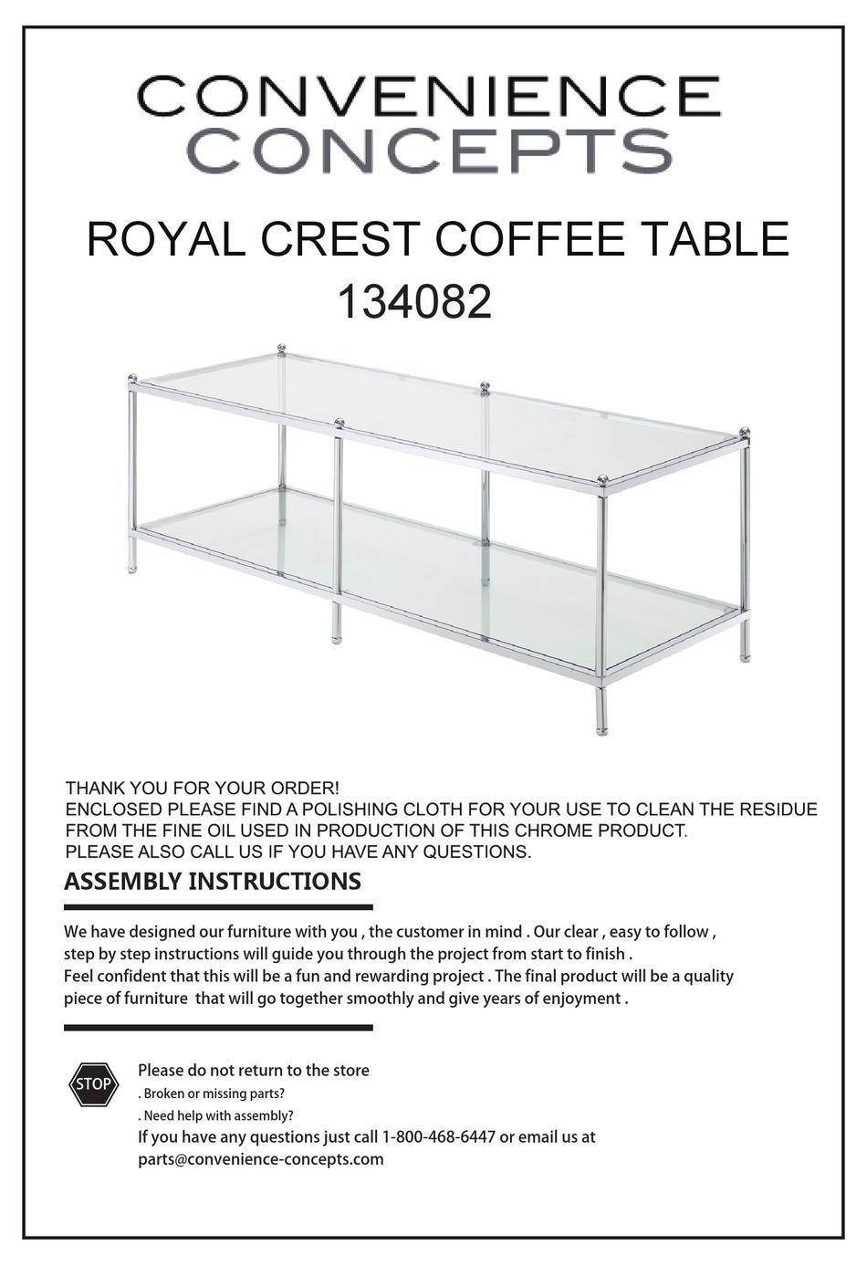 CONVENIENCE CONCEPTS ROYAL CREST COFFEE TABLE ASSEMBLY INSTRUCTIONS Pdf