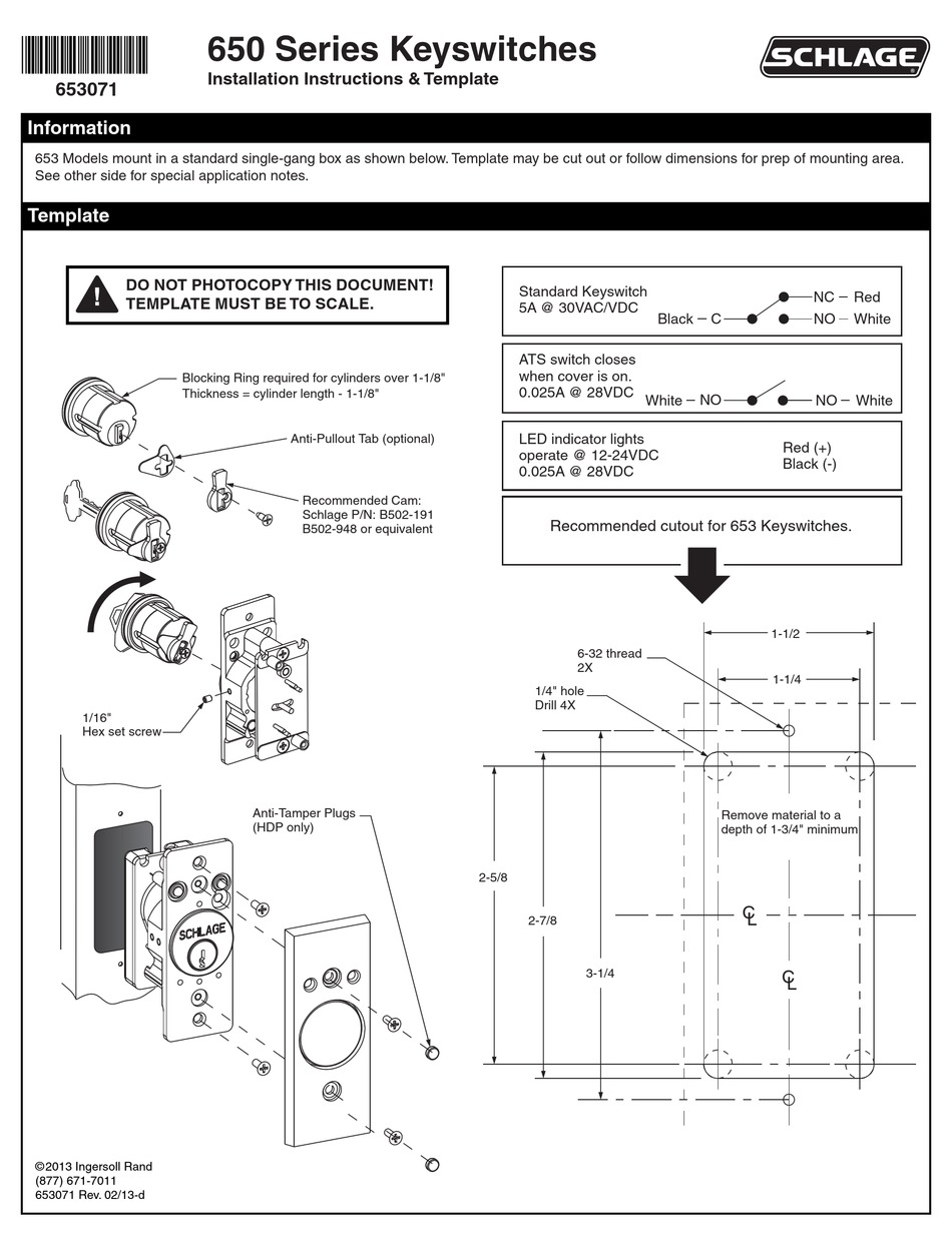 SCHLAGE 650 SERIES INSTALLATION INSTRUCTIONS Pdf Download | ManualsLib