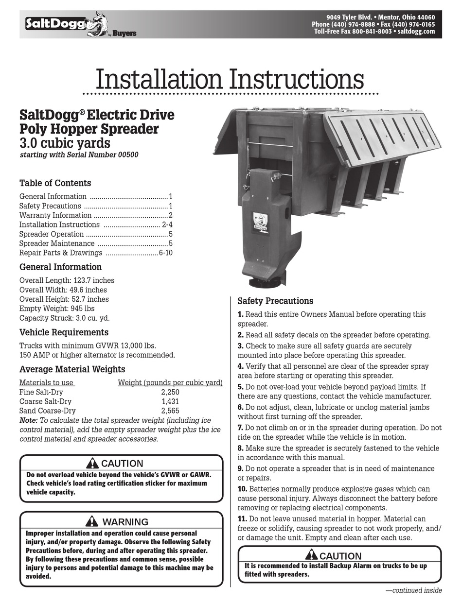 BUYERS SALTDOGG SHPE3000 INSTALLATION INSTRUCTIONS MANUAL Pdf Download