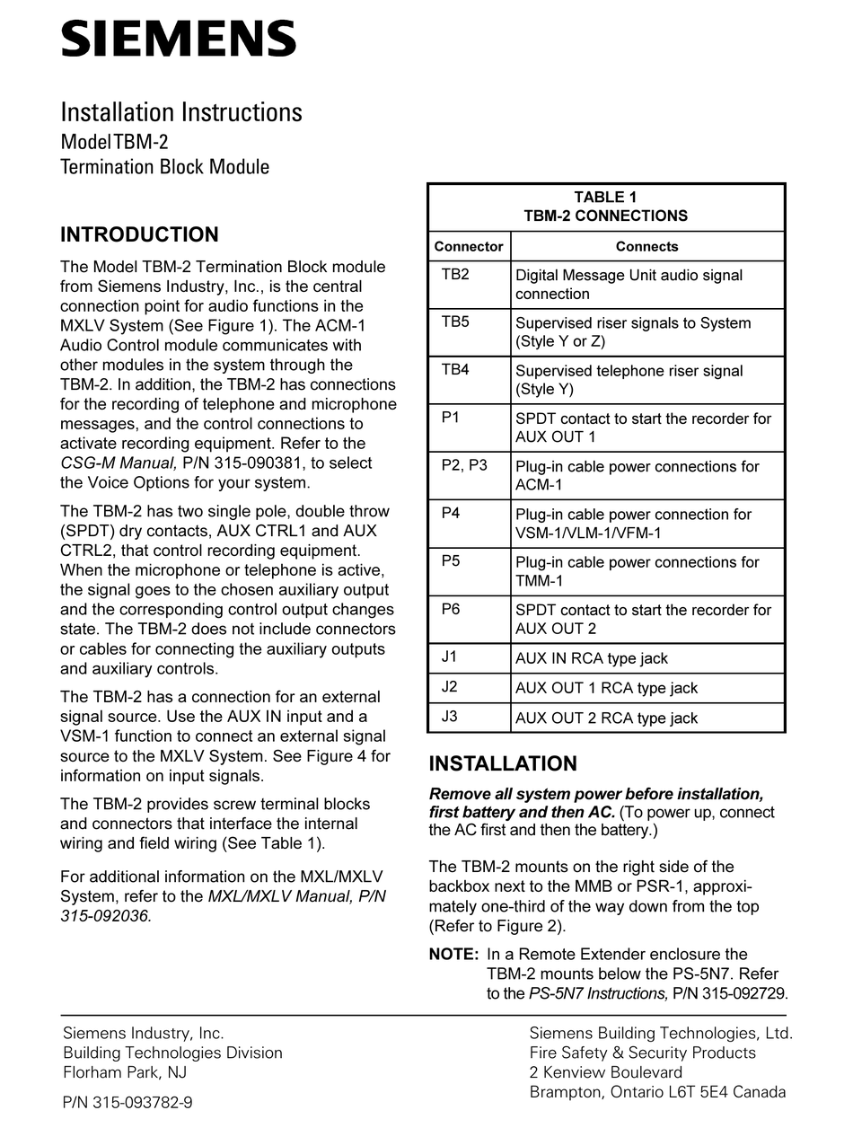 SIEMENS TBM-2 INSTALLATION INSTRUCTIONS Pdf Download | ManualsLib