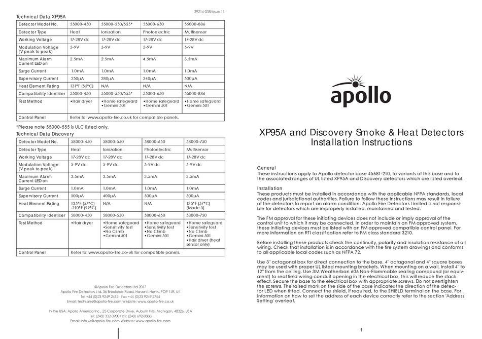 APOLLO XP95A SERIES SECURITY SENSOR INSTALLATION INSTRUCTIONS | ManualsLib