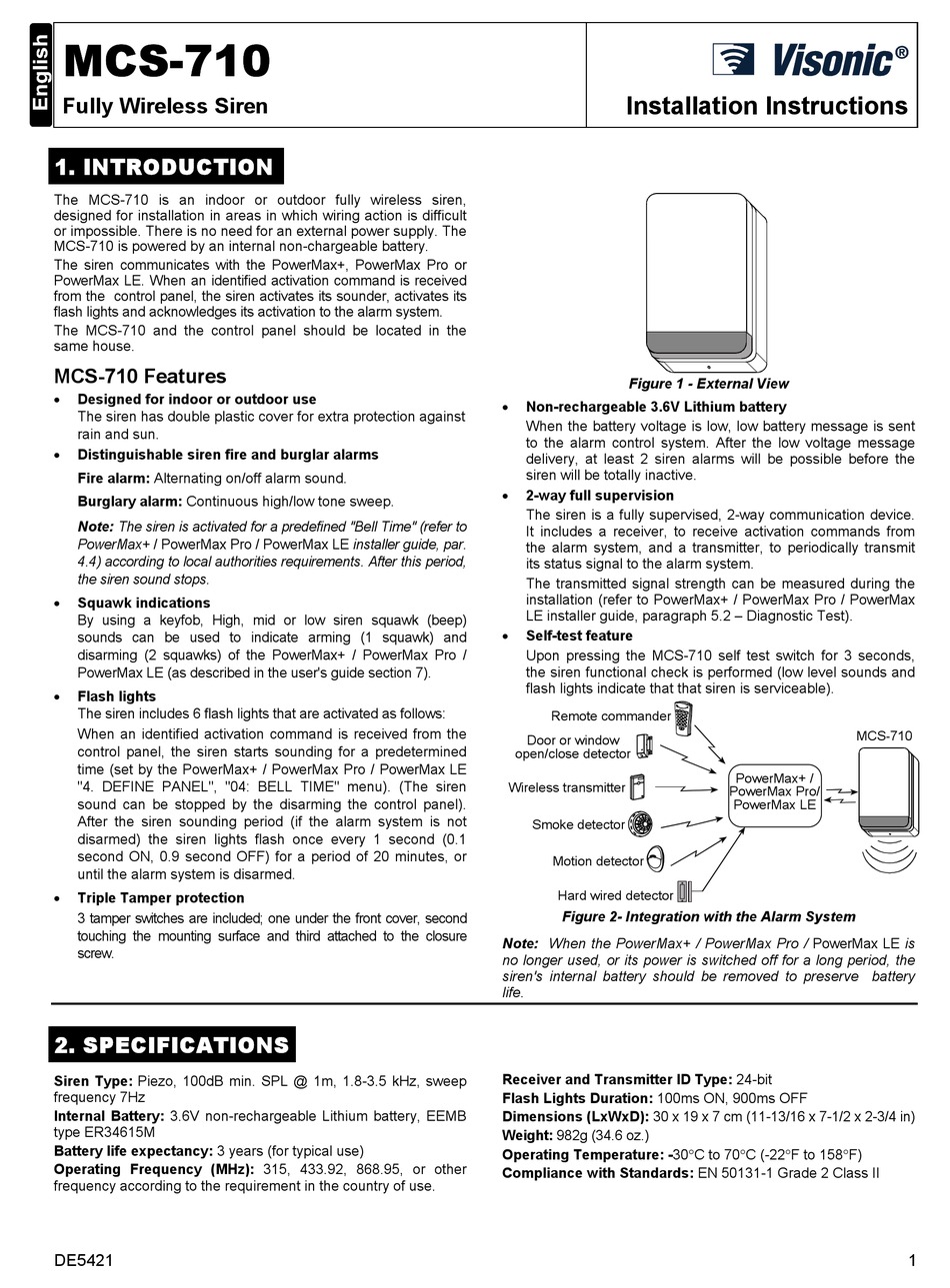 VISONIC MCS710 SECURITY SYSTEM INSTALLATION INSTRUCTIONS ManualsLib