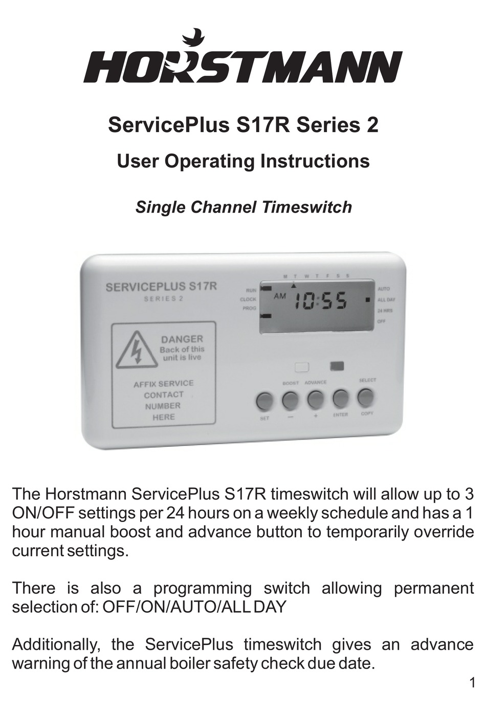 HORSTMANN SERVICEPLUS S17R SERIES 2 TIMER USER OPERATING INSTRUCTIONS