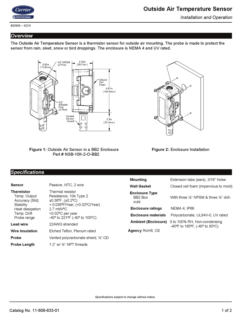 CARRIER NSB10K2OBB2 TEMPERATURE CONTROLLER INSTALLATION AND
