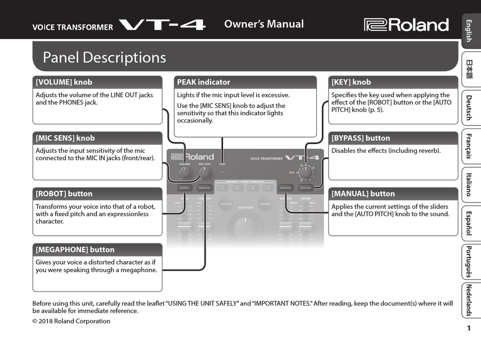 ROLAND VT-4 TRANSFORMER OWNER'S MANUAL | ManualsLib