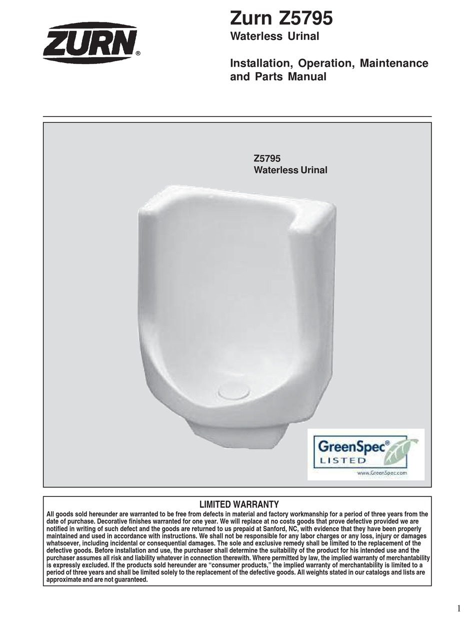 ZURN Z5795 TOILET INSTALLATION, OPERATION, MAINTENANCE AND PARTS MANUAL