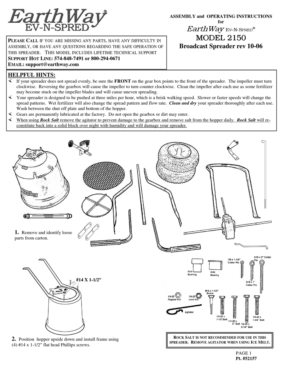 EARTHWAY EVNSPRED 2150 SPREADER ASSEMBLY AND OPERATING INSTRUCTIONS