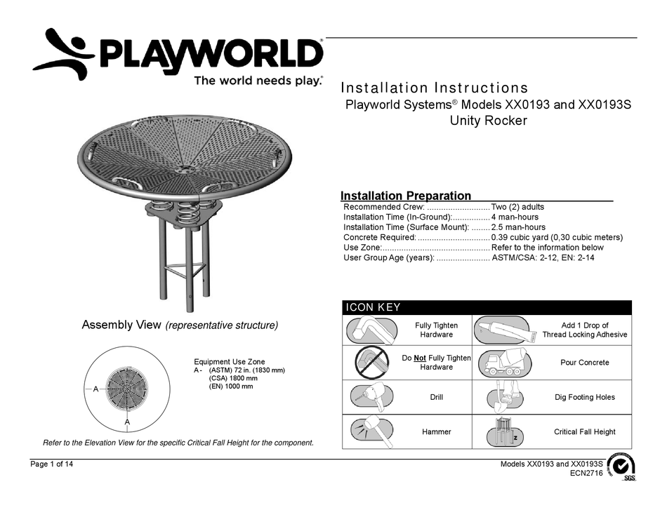 PLAYWORLD SYSTEMS UNITY XX0193 INSTALLATION INSTRUCTIONS MANUAL Pdf