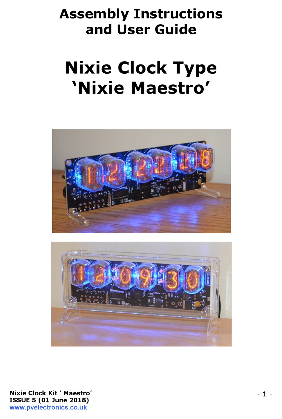 PV ELECTRONICS NIXIE MAESTRO CLOCK ASSEMBLY INSTRUCTIONS AND USER