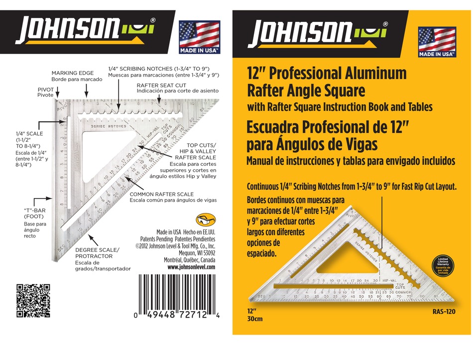 Johnson Level /& Tool RAS-120 12/" Aluminum Rafter Angle Square with Manual
