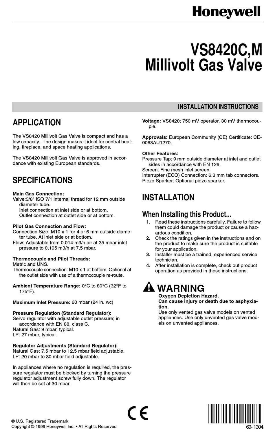 HONEYWELL VS8420C INSTALLATION INSTRUCTIONS MANUAL Pdf Download