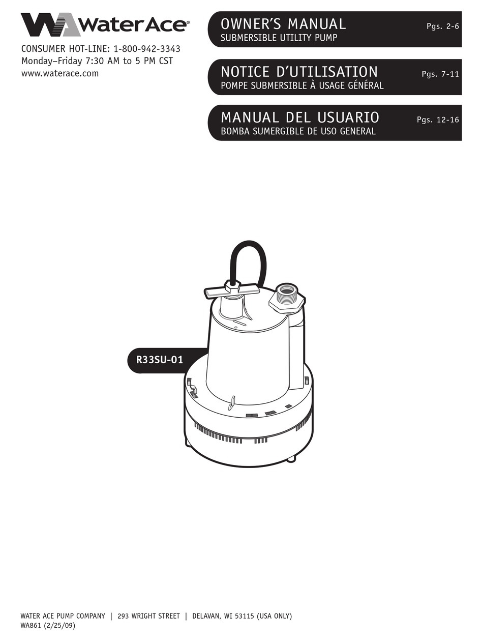 WATER ACE R33SU01 WATER PUMP OWNER'S MANUAL ManualsLib