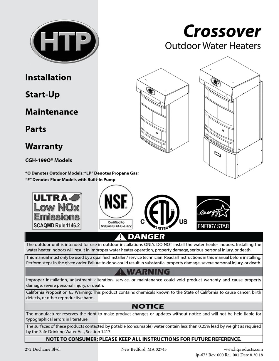 HTP CGH199O SERIES WATER HEATER INSTALLATION, STARTUP, MAINTENANCE