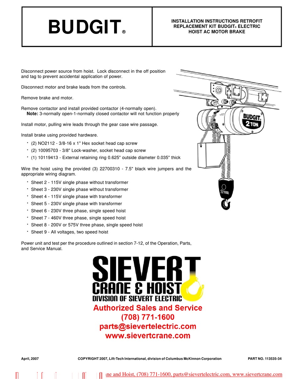 SIEVERT CRANE & HOIST BUDGIT 2TON INSTALLATION INSTRUCTIONS MANUAL Pdf