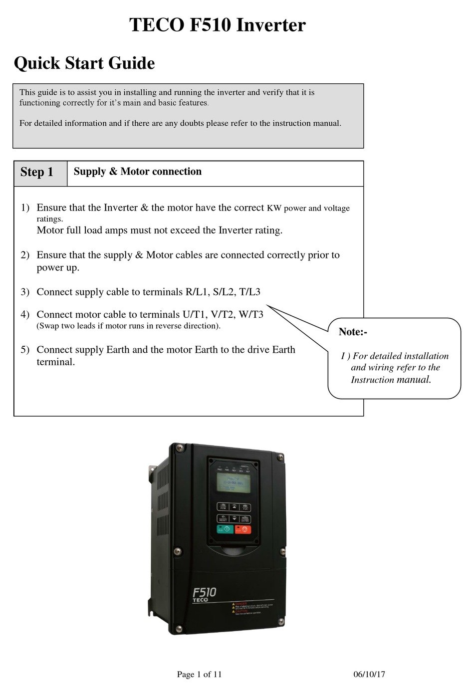 Teco F510 Inverter Quick Start Manual Manualslib