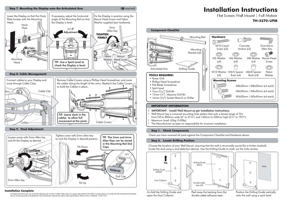ATDEC TH3270UFM TV MOUNT INSTALLATION INSTRUCTIONS ManualsLib