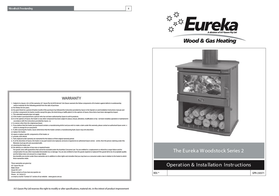 EUREKA WOODSTOCK SERIES 2 OVEN OPERATION & INSTALLATION INSTRUCTIONS
