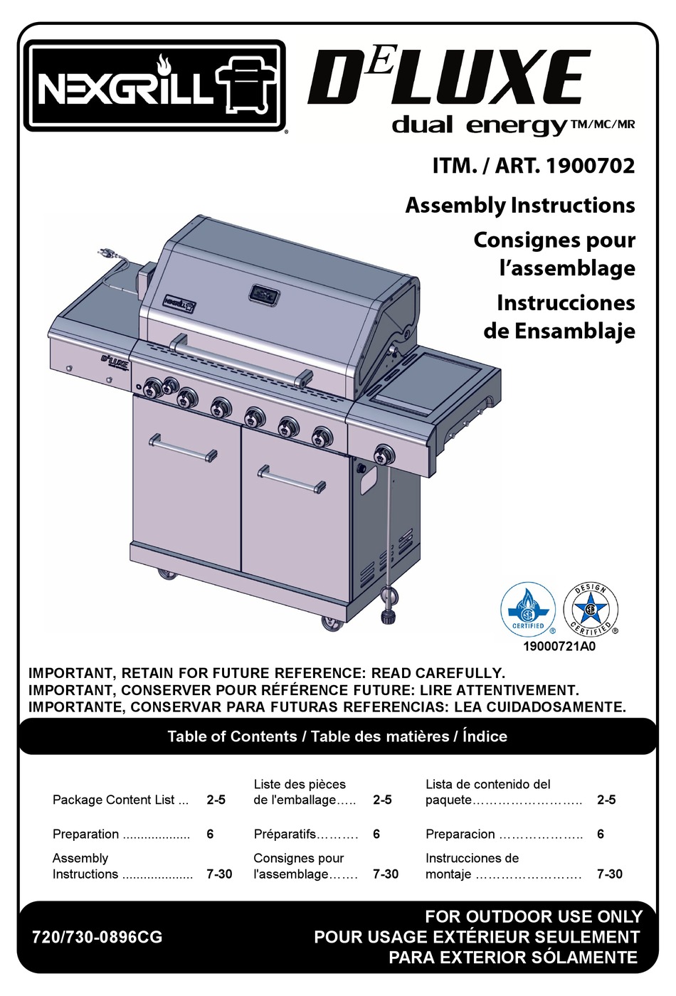 NEXGRILL DELUXE DUAL ENERGY 1900702 GRILL ASSEMBLY INSTRUCTIONS MANUAL