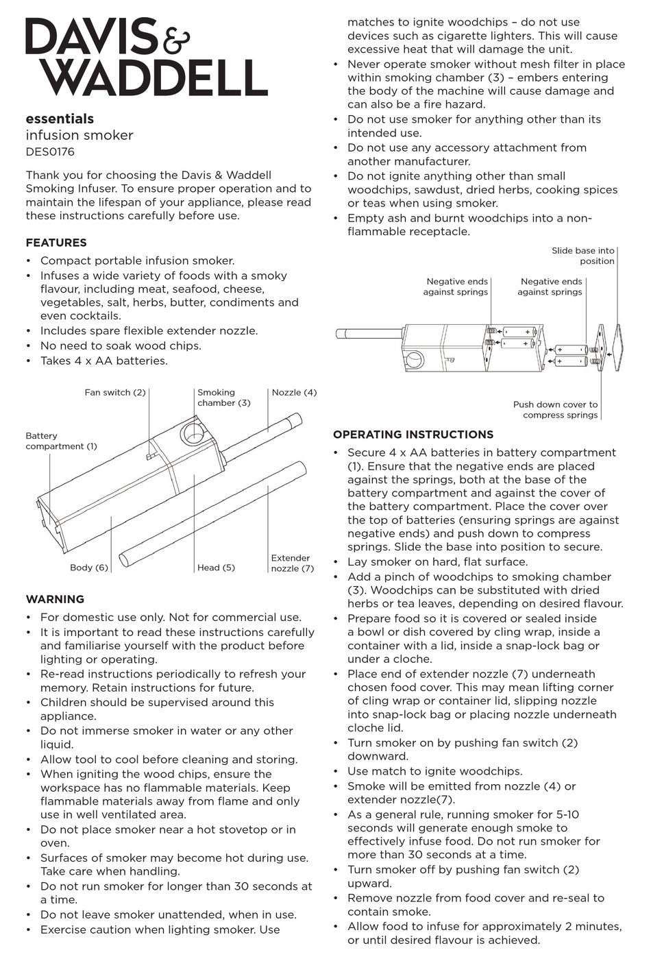 DAVIS & WADDELL DES0176 SMOKER INSTRUCTION MANUAL | ManualsLib