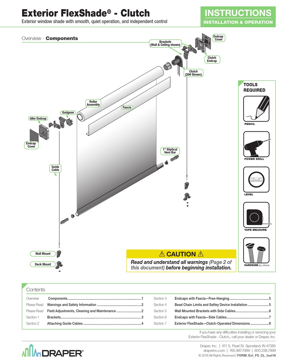 DRAPER EXTERIOR FLEXSHADE CLUTCH INDOOR FURNISHING INSTALLATION
