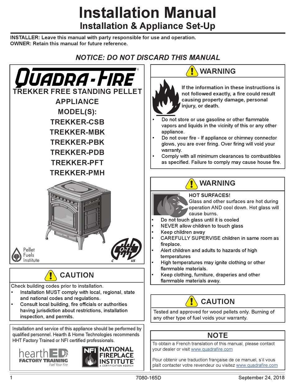 QUADRA-FIRE TREKKER-CSB PELLET STOVE INSTALLATION MANUAL | ManualsLib