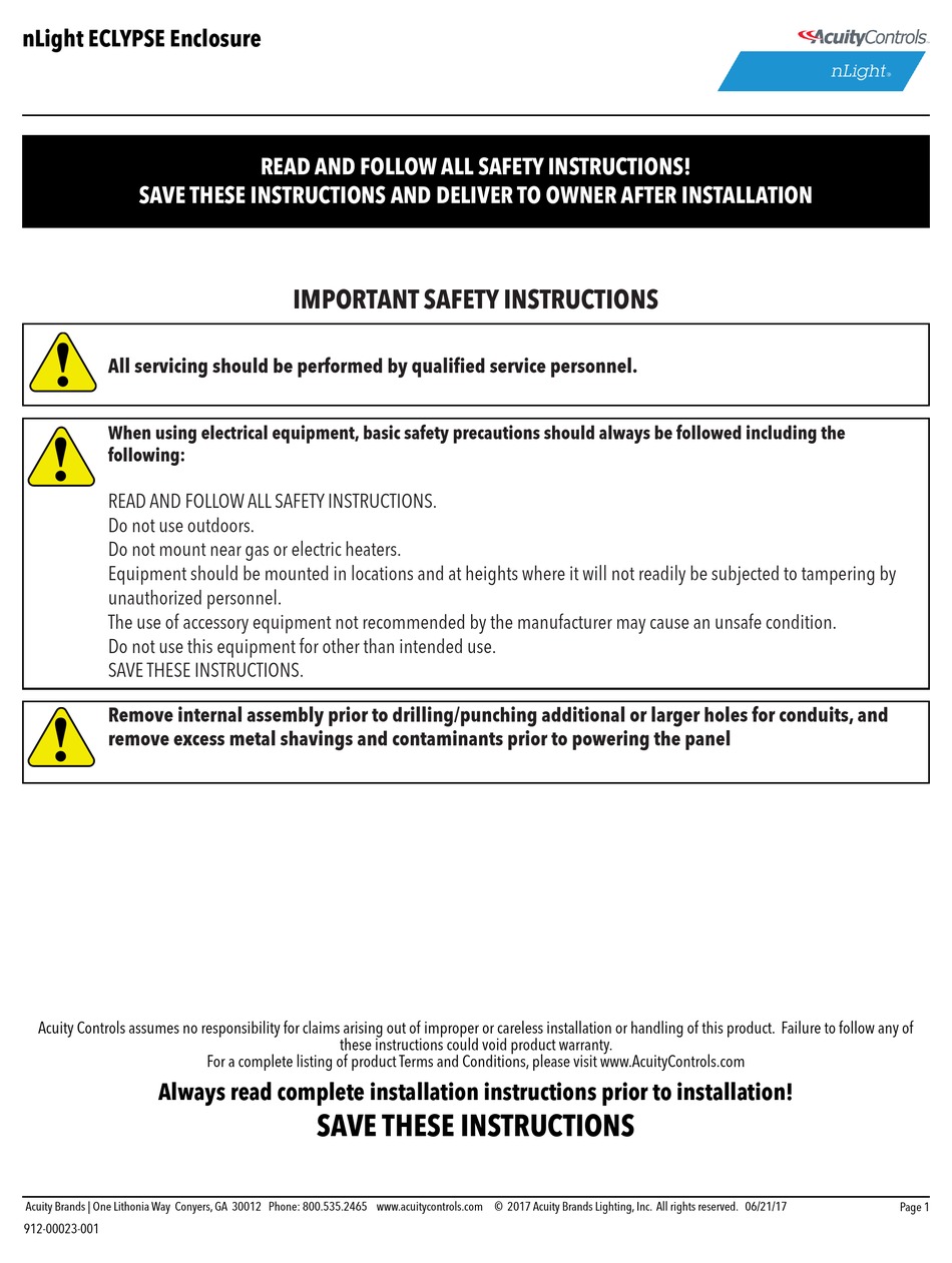 ACUITY CONTROLS NLIGHT ECLYPSE ENCLOSURE SAFETY INSTRUCTIONS ManualsLib