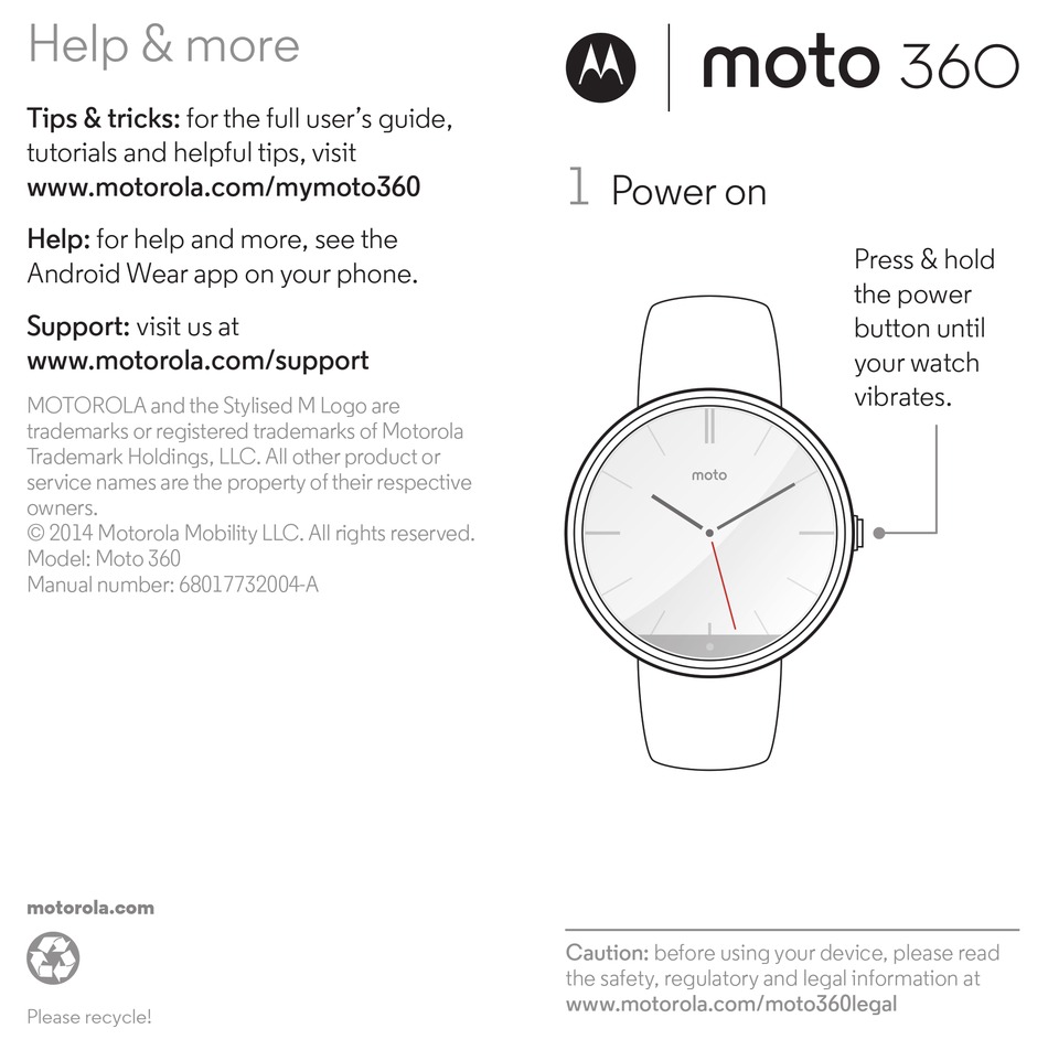 MOTOROLA MOTO 360 WATCH QUICK HELP/REFERENCE MANUAL ManualsLib