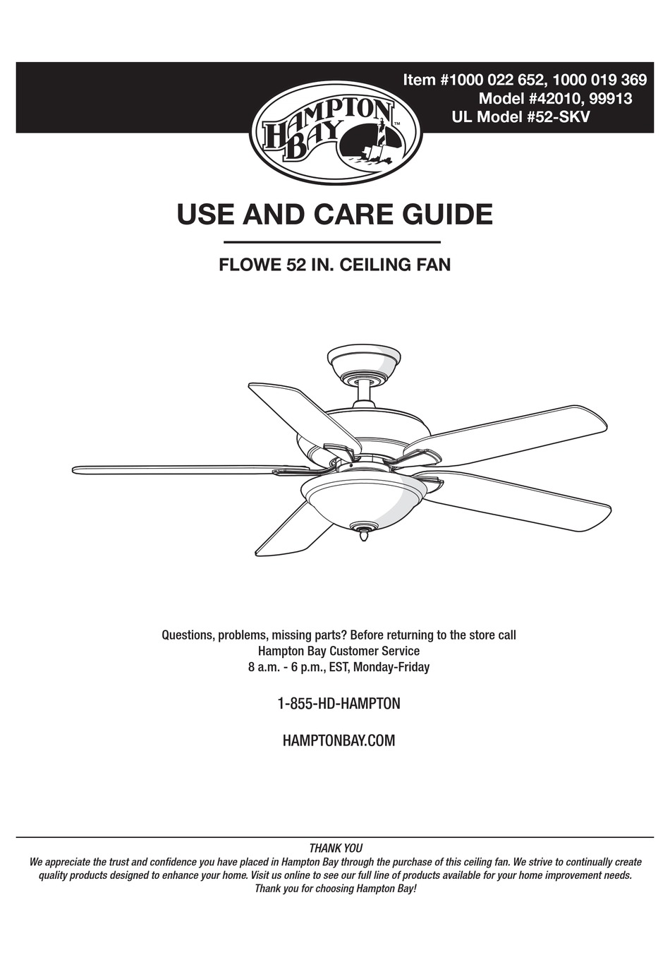 HAMPTON BAY 42010 USE AND CARE MANUAL Pdf Download | ManualsLib