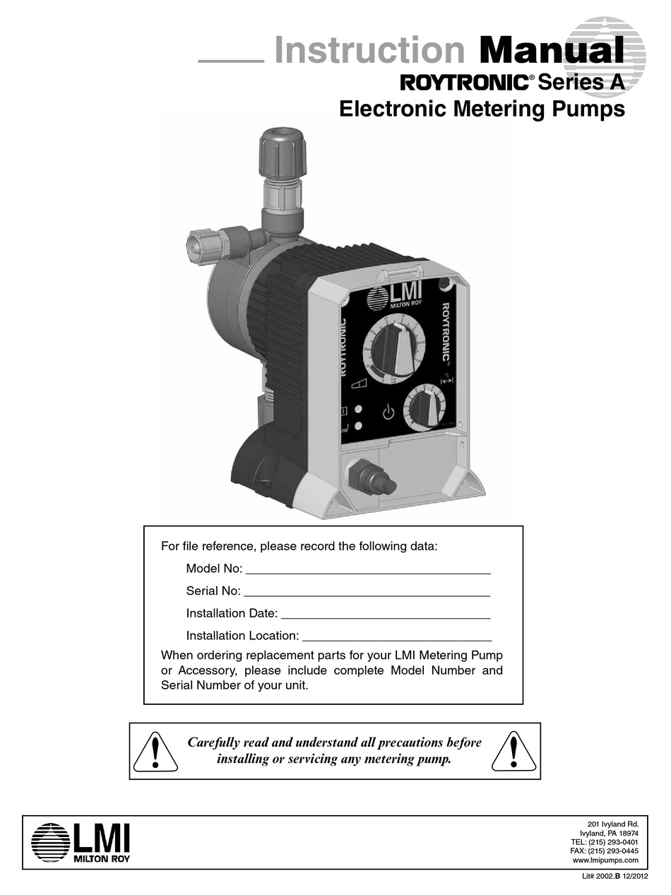 MILTON ROY ROYTRONIC A SERIES WATER PUMP INSTRUCTION MANUAL ManualsLib