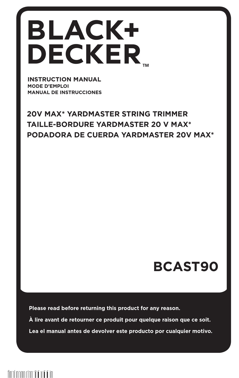 BLACK DECKER YARDMASTER BCAST90 TRIMMER INSTRUCTION MANUAL